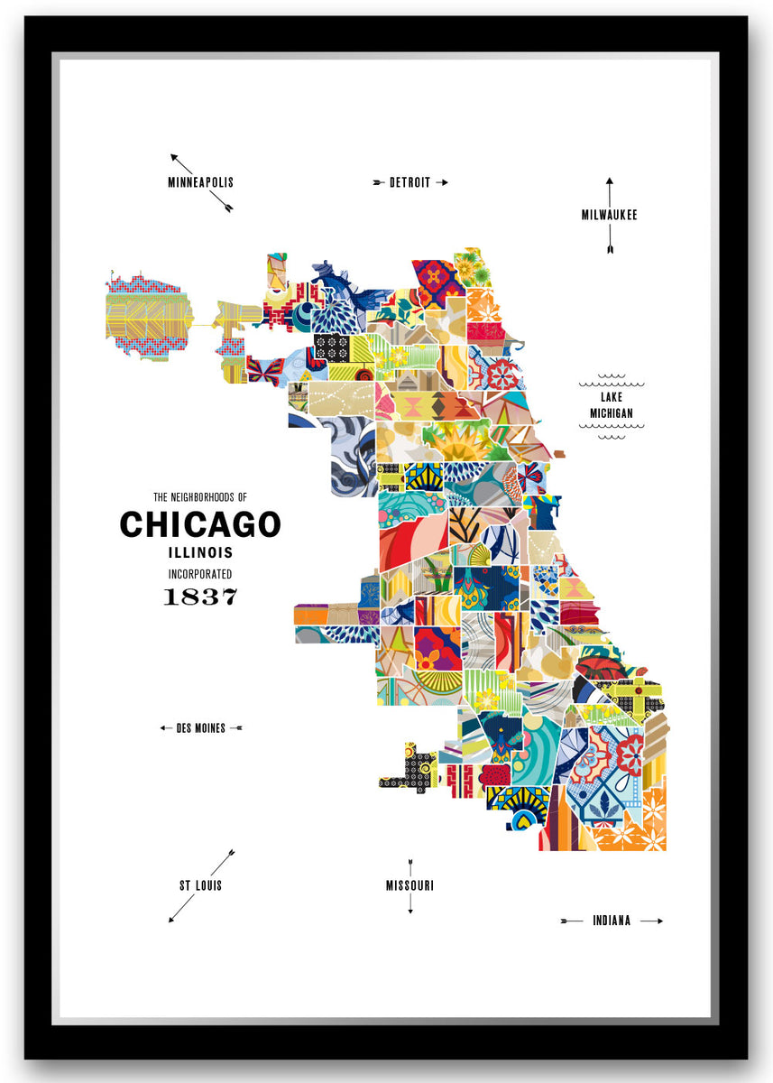 CHICAGO black 12x18 chicago, il neighborhood city map print poster poster – map ink