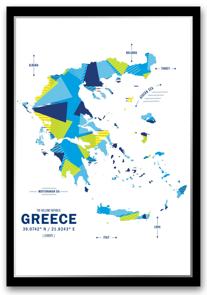 Colorful Greece Map Print Poster